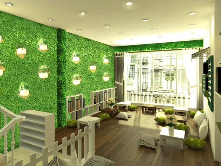 Thảm cỏ nhân tạo trang trí tường quán cafe
