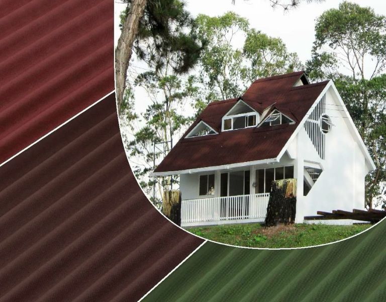 Với tone màu đỏ nâu, tôn sinh thái Onduline tạo điểm nhấn cho ngôi nhà màu trắng