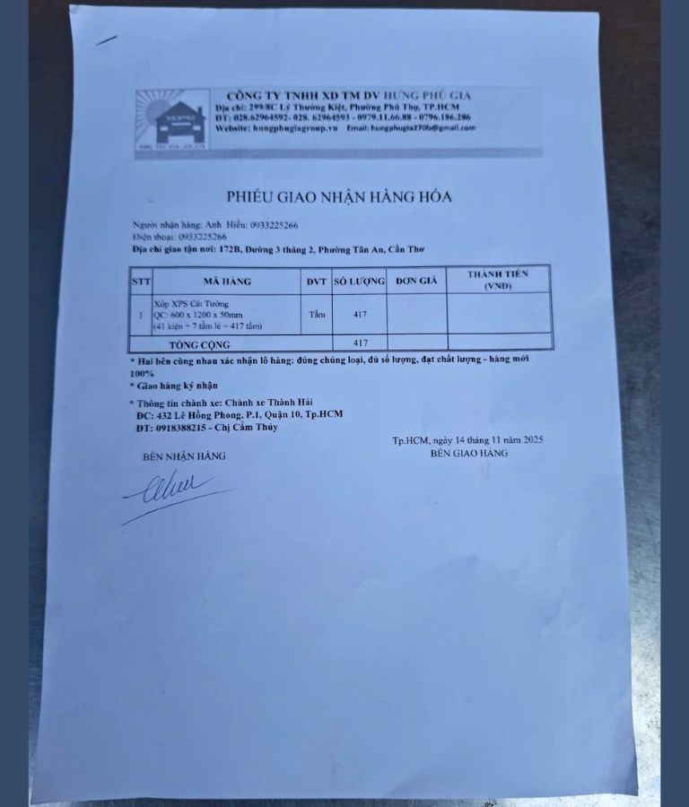 Hưng Phú Gia bàn giao đơn hàng 417 tấm xốp XPS Vĩnh Tường